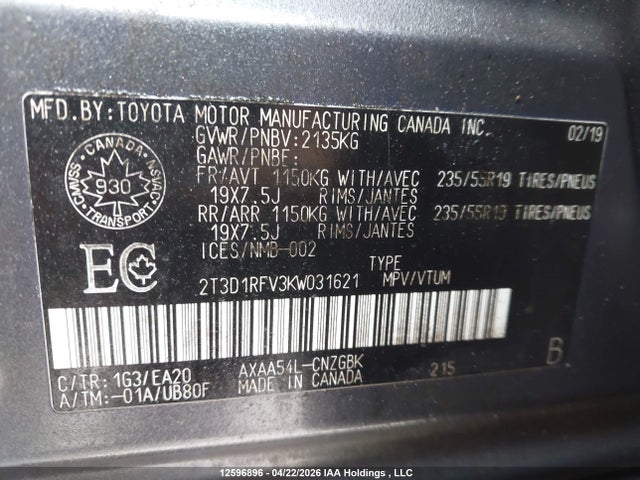 Продажа на аукционе авто 2019 Toyota Rav4, vin: 2T3D1RFV3KW031621, номер лота: 12596896