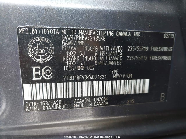 Продажа на аукционе авто 2019 Toyota Rav4, vin: 2T3D1RFV3KW031621, номер лота: 12596896