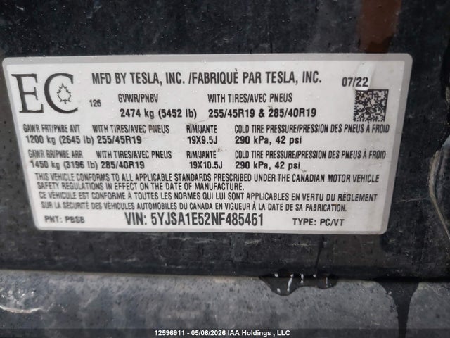 12596911 :رقم المزاد ، 5YJSA1E52NF485461 vin ، 2022 Tesla Model S Awd مزاد بيع