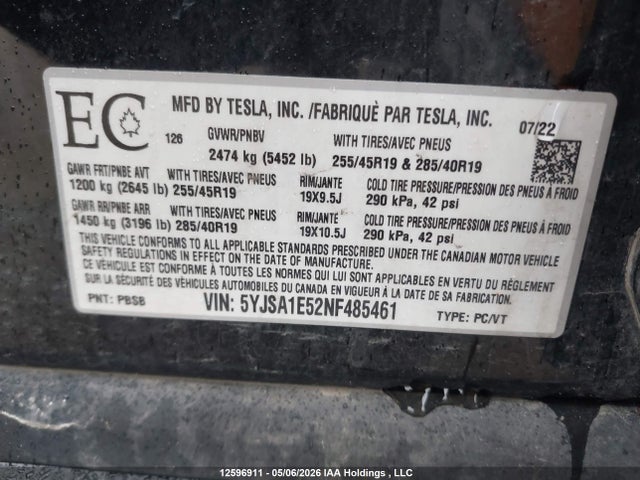 12596911 :رقم المزاد ، 5YJSA1E52NF485461 vin ، 2022 Tesla Model S Awd مزاد بيع