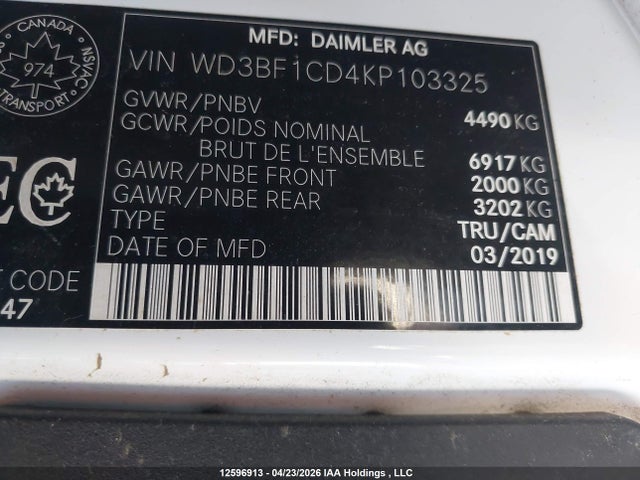 Продажа на аукционе авто 2019 Mercedes-benz Sprinter 2500/3500, vin: WD3BF1CD4KP103325, номер лота: 12596913