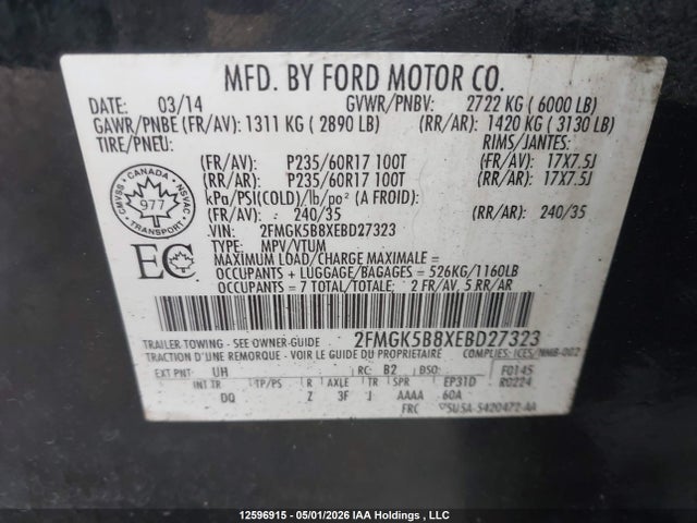 2014 Ford Flex Se მანქანა იყიდება აუქციონზე, vin: 2FMGK5B8XEBD27323, აუქციონის ნომერი: 12596915