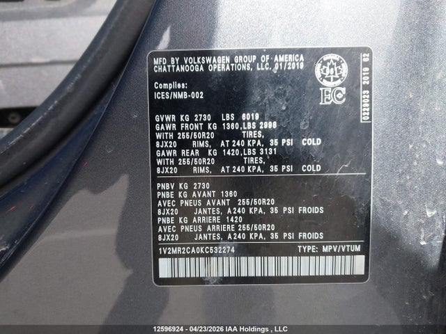 2019 Volkswagen Atlas Sel მანქანა იყიდება აუქციონზე, vin: 1V2MR2CA0KC532274, აუქციონის ნომერი: 12596924