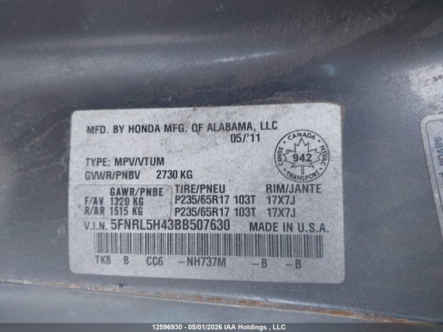 2011 Honda Odyssey Ex მანქანა იყიდება აუქციონზე, vin: 5FNRL5H43BB507630, აუქციონის ნომერი: 12596930