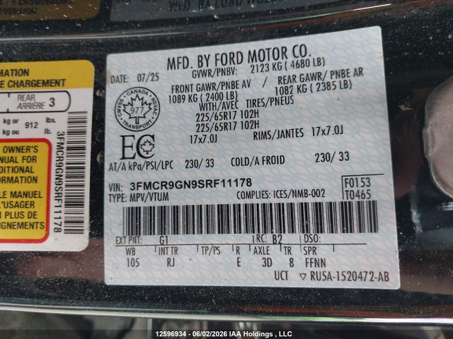 12596934 :رقم المزاد ، 3FMCR9GN9SRF11178 vin ، 2025 Ford Bronco Sport Heritage مزاد بيع