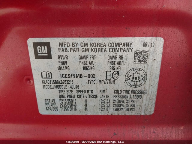 KL4CJ1SB8KB953216 Buick Encore Sport Touring
