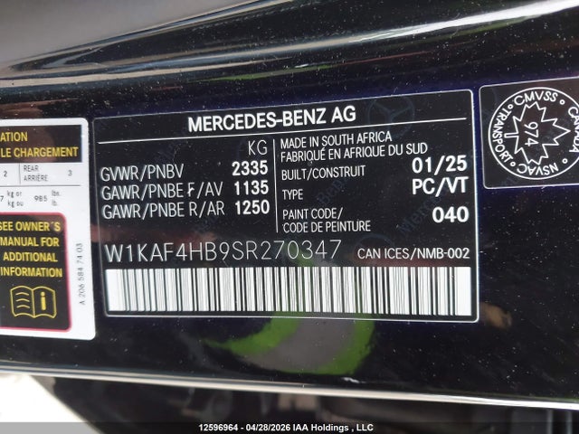 Продаж на аукціоні авто 2025 Mercedes-benz C 300 4matic, vin: W1KAF4HB9SR270347, номер лоту: 12596964