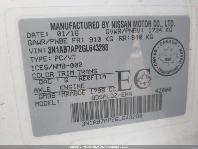 12596972 :رقم المزاد ، 3N1AB7AP2GL643288 vin ، 2016 Nissan Sentra S/sv/sr/sl مزاد بيع