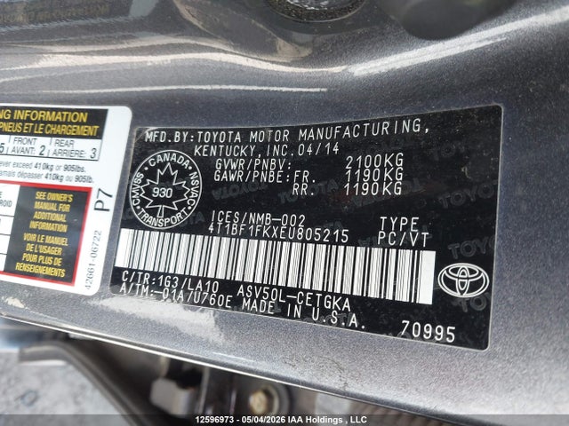 12596973 :رقم المزاد ، 4T1BF1FKXEU805215 vin ، 2014 Toyota Camry مزاد بيع