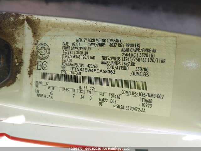 12596977 :رقم المزاد ، 1FTNS2EW4EDA58363 vin ، 2014 Ford E-250 Commercial مزاد بيع