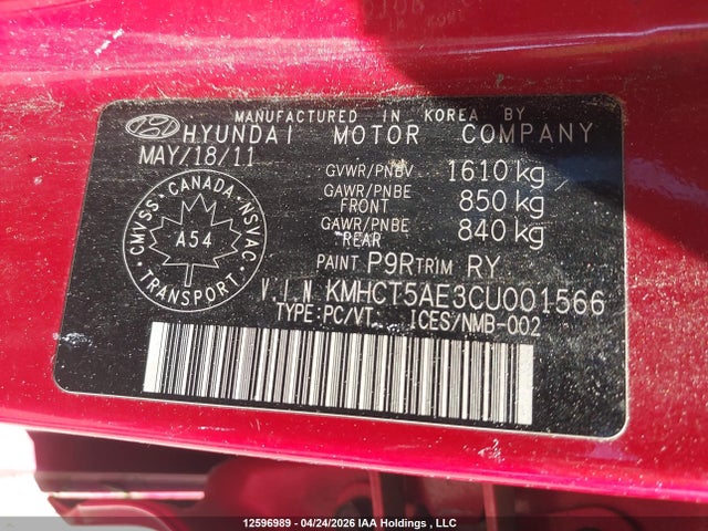 Продаж на аукціоні авто 2012 Hyundai Accent Gls/gs, vin: KMHCT5AE3CU001566, номер лоту: 12596989