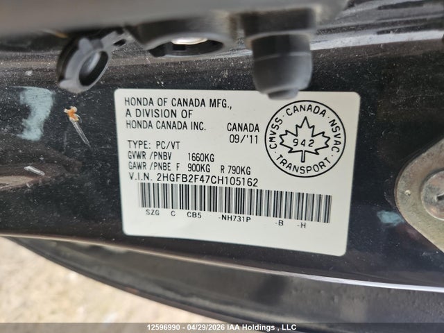 12596990 :رقم المزاد ، 2HGFB2F47CH105162 vin ، 2012 Honda Civic مزاد بيع