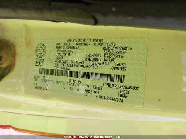 12596994 :رقم المزاد ، 1FTNS2EW0ADA00101 vin ، 2010 Ford Econoline E250 Van مزاد بيع