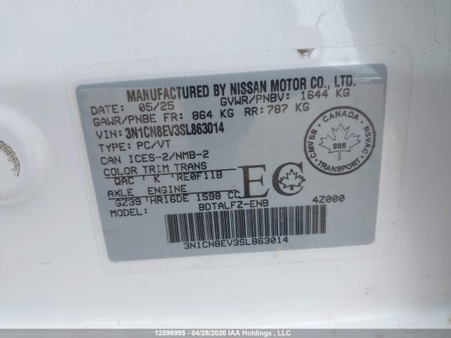 12596995 :رقم المزاد ، 3N1CN8EV3SL863014 vin ، 2025 Nissan Versa Sv مزاد بيع
