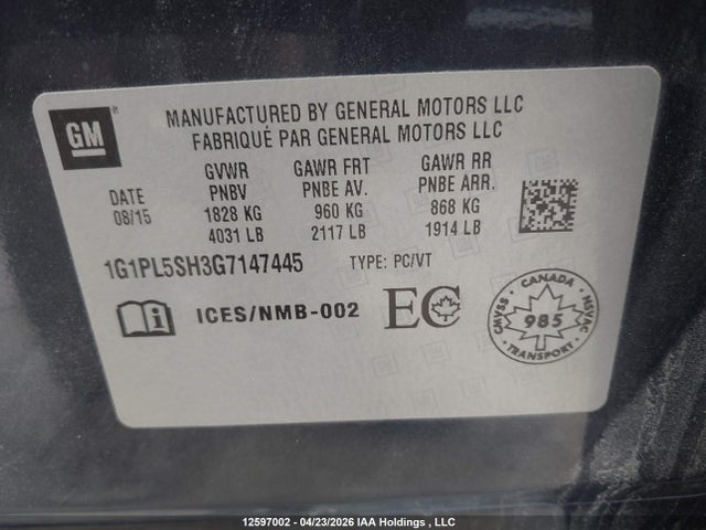 2016 Chevrolet Cruze Limited Ls მანქანა იყიდება აუქციონზე, vin: 1G1PL5SH3G7147445, აუქციონის ნომერი: 12597002