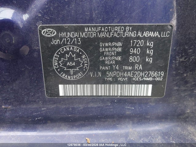 Продажа на аукционе авто 2013 Hyundai Elantra Gl, vin: 5NPDH4AE2DH276619, номер лота: 12578036