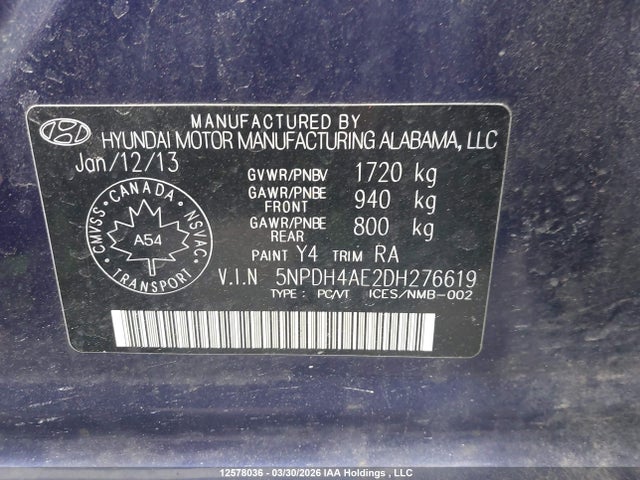 Продажа на аукционе авто 2013 Hyundai Elantra Gl, vin: 5NPDH4AE2DH276619, номер лота: 12578036