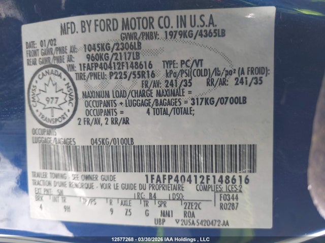 12577268 :رقم المزاد ، 1FAFP40412F148616 vin ، 2002 Ford Mustang مزاد بيع