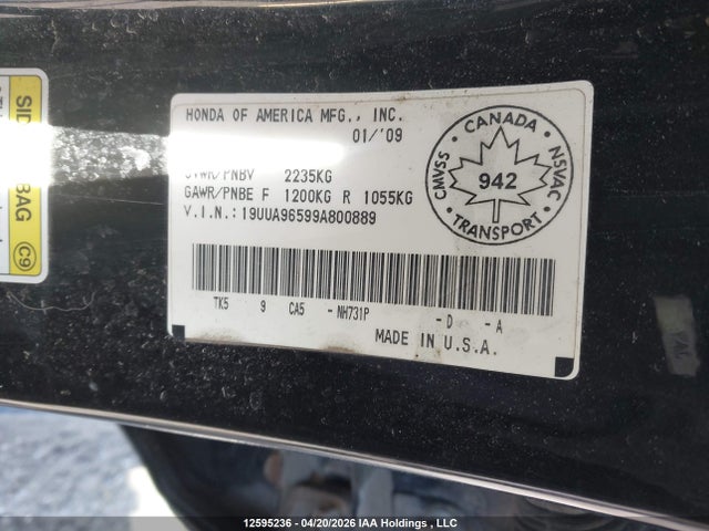 12595236 :رقم المزاد ، 19UUA96599A800889 vin ، 2009 Acura Tl مزاد بيع