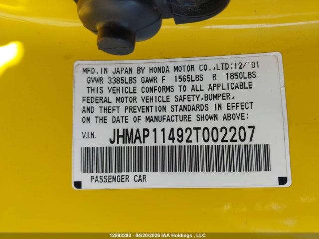 Aukcja sprzedaży 2002 Honda S2000, vin: JHMAP11492T002207, numer aukcji: 12593293