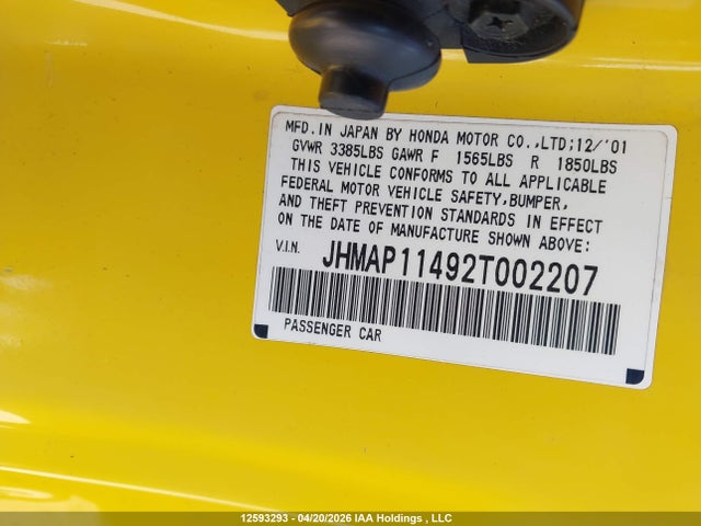 Aukcja sprzedaży 2002 Honda S2000, vin: JHMAP11492T002207, numer aukcji: 12593293