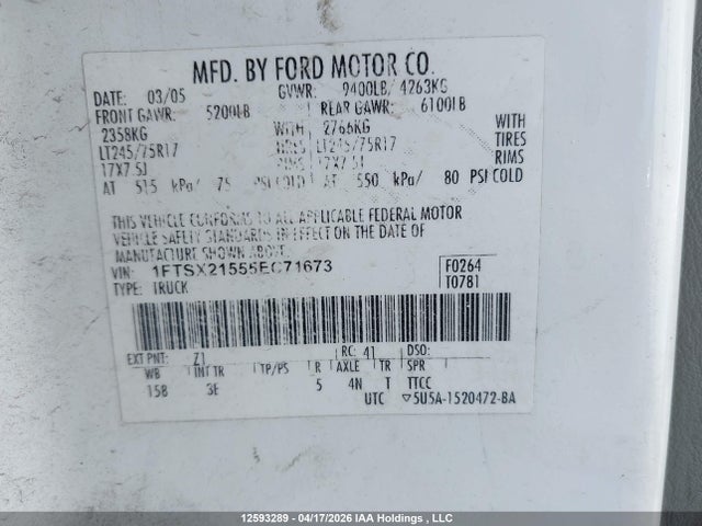 Продаж на аукціоні авто 2005 Ford F-250 Lariat/xl/xlt, vin: 1FTSX21555EC71673, номер лоту: 12593289