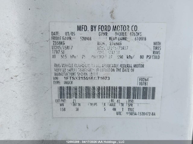 Продаж на аукціоні авто 2005 Ford F-250 Lariat/xl/xlt, vin: 1FTSX21555EC71673, номер лоту: 12593289
