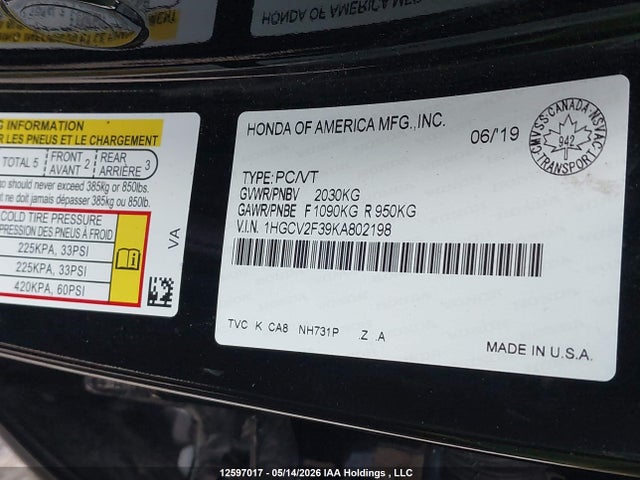 Продажа на аукционе авто 2019 Honda Accord Sedan, vin: 1HGCV2F39KA802198, номер лота: 12597017