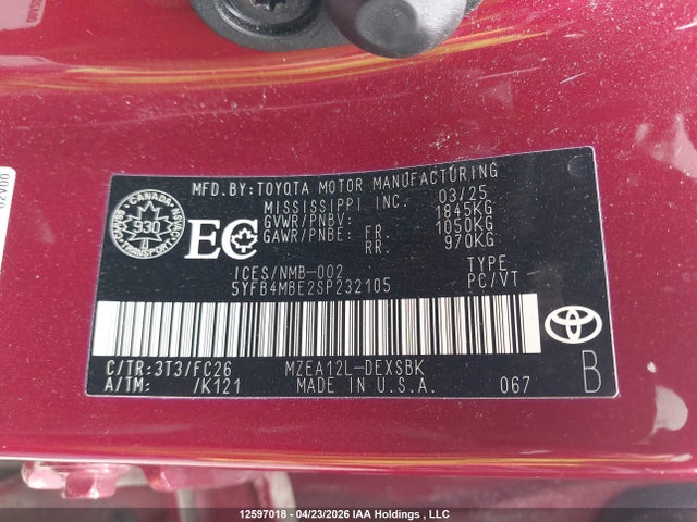 2025 Toyota Corolla Se მანქანა იყიდება აუქციონზე, vin: 5YFB4MBE2SP232105, აუქციონის ნომერი: 12597018
