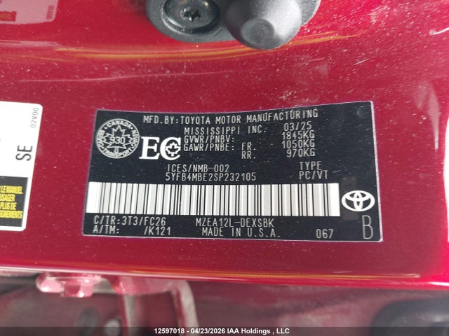 2025 Toyota Corolla Se მანქანა იყიდება აუქციონზე, vin: 5YFB4MBE2SP232105, აუქციონის ნომერი: 12597018
