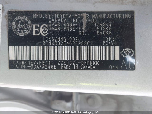 2006 Toyota Corolla Matrix Xr მანქანა იყიდება აუქციონზე, vin: 2T1KR32E46C598861, აუქციონის ნომერი: 12597019