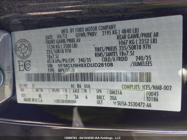 Продажа на аукционе авто 2013 Ford Escape Sel, vin: 1FMCU9H9XDUD28108, номер лота: 12588763