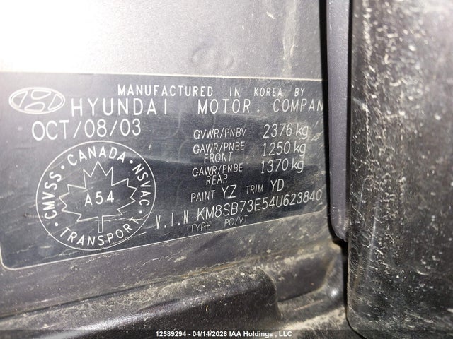 Продажа на аукционе авто 2004 Hyundai Santa Fe Gls 3.5l, vin: KM8SB73E54U623840, номер лота: 12589294