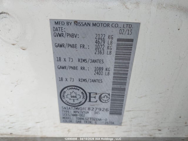 Продаж на аукціоні авто 2015 Nissan Rogue S/sl/sv, vin: 5N1AT2MV1FC827926, номер лоту: 12590898