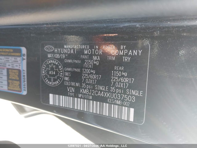 2019 Hyundai Tucson Essential W/safety Package მანქანა იყიდება აუქციონზე, vin: KM8J2CA4XKU037503, აუქციონის ნომერი: 12597021