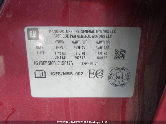 1G1BE5SM5J7150176 Chevrolet Cruze Lt Auto