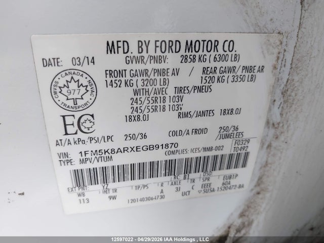 12597022 :رقم المزاد ، 1FM5K8ARXEGB91870 vin ، 2014 Ford Explorer Xlt مزاد بيع