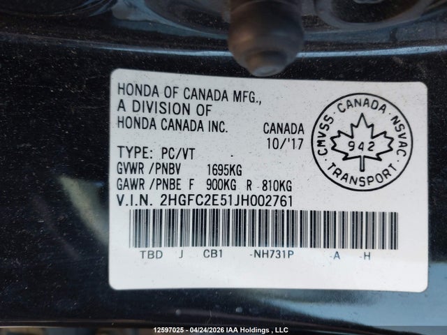 2HGFC2E51JH002761 Honda Civic Lx