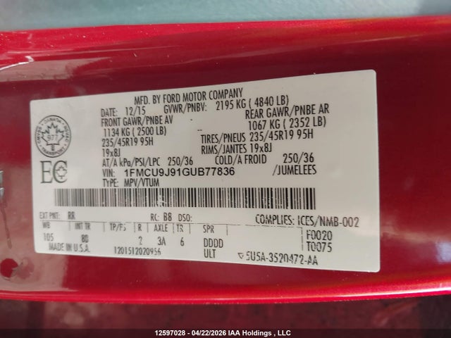 12597028 :رقم المزاد ، 1FMCU9J91GUB77836 vin ، 2016 Ford Escape مزاد بيع