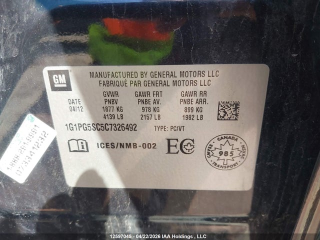 2012 Chevrolet Cruze Lt მანქანა იყიდება აუქციონზე, vin: 1G1PG5SC5C7326492, აუქციონის ნომერი: 12597045