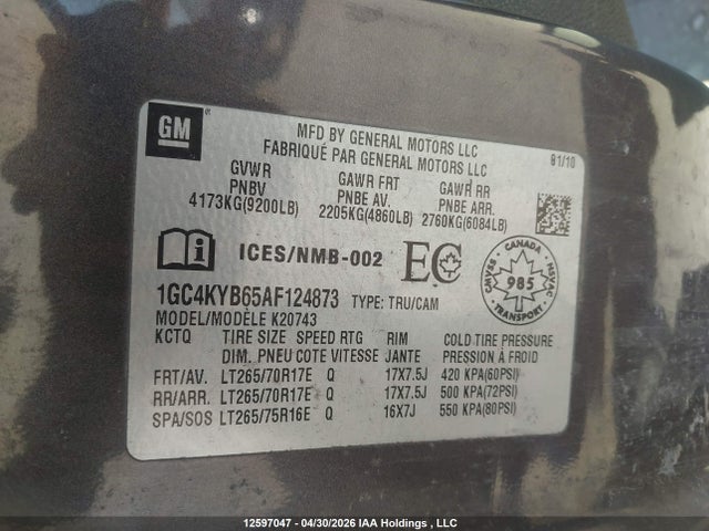 2010 Chevrolet Silverado 2500hd Ltz მანქანა იყიდება აუქციონზე, vin: 1GC4KYB65AF124873, აუქციონის ნომერი: 12597047