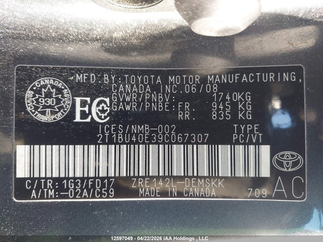 12597049 :رقم المزاد ، 2T1BU40E39C067307 vin ، 2009 Toyota Corolla S/le/xle مزاد بيع