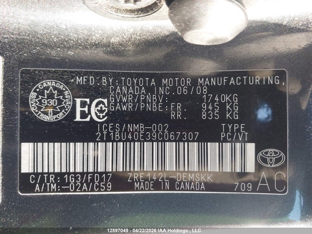 12597049 :رقم المزاد ، 2T1BU40E39C067307 vin ، 2009 Toyota Corolla S/le/xle مزاد بيع