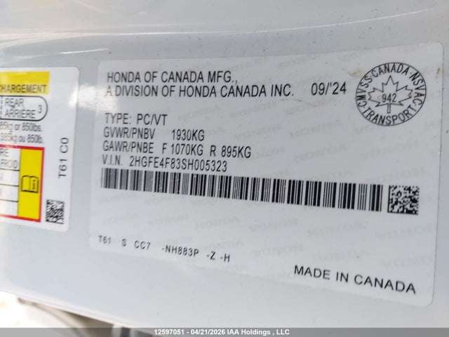 2HGFE4F83SH005323 Honda Civic Sport Hybrid/sport Touring Hybrid
