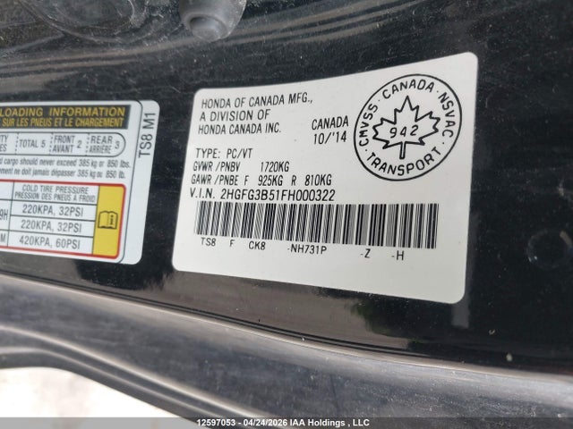 2HGFG3B51FH000322 Honda CIVIC EX