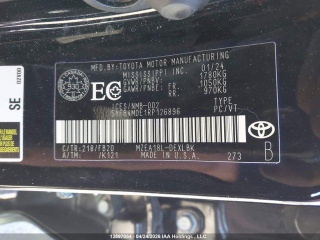 2024 Toyota Corolla Le მანქანა იყიდება აუქციონზე, vin: 5YFB4MDE1RP126896, აუქციონის ნომერი: 12597054