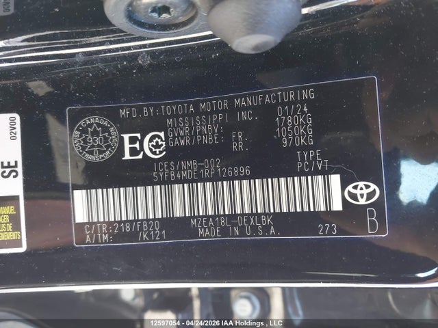 2024 Toyota Corolla Le მანქანა იყიდება აუქციონზე, vin: 5YFB4MDE1RP126896, აუქციონის ნომერი: 12597054