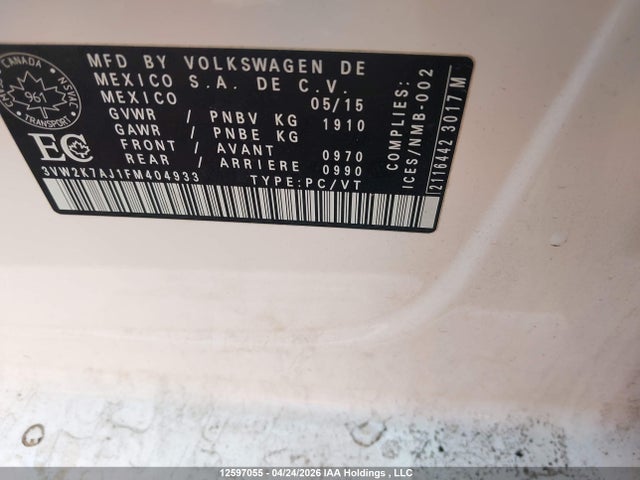 12597055 :رقم المزاد ، 3VW2K7AJ1FM404933 vin ، 2015 Volkswagen Jetta مزاد بيع