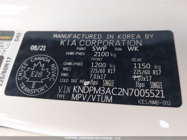 Продажа на аукционе авто 2022 Kia Sportage Lx, vin: KNDPM3AC2N7005521, номер лота: 12597059
