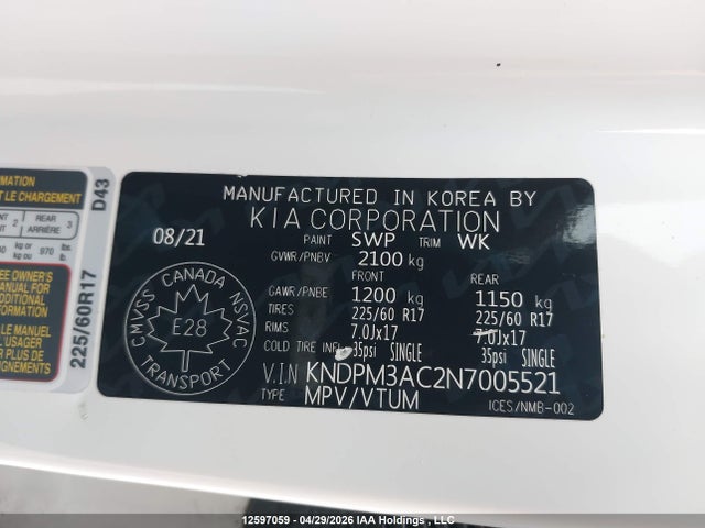Продажа на аукционе авто 2022 Kia Sportage Lx, vin: KNDPM3AC2N7005521, номер лота: 12597059